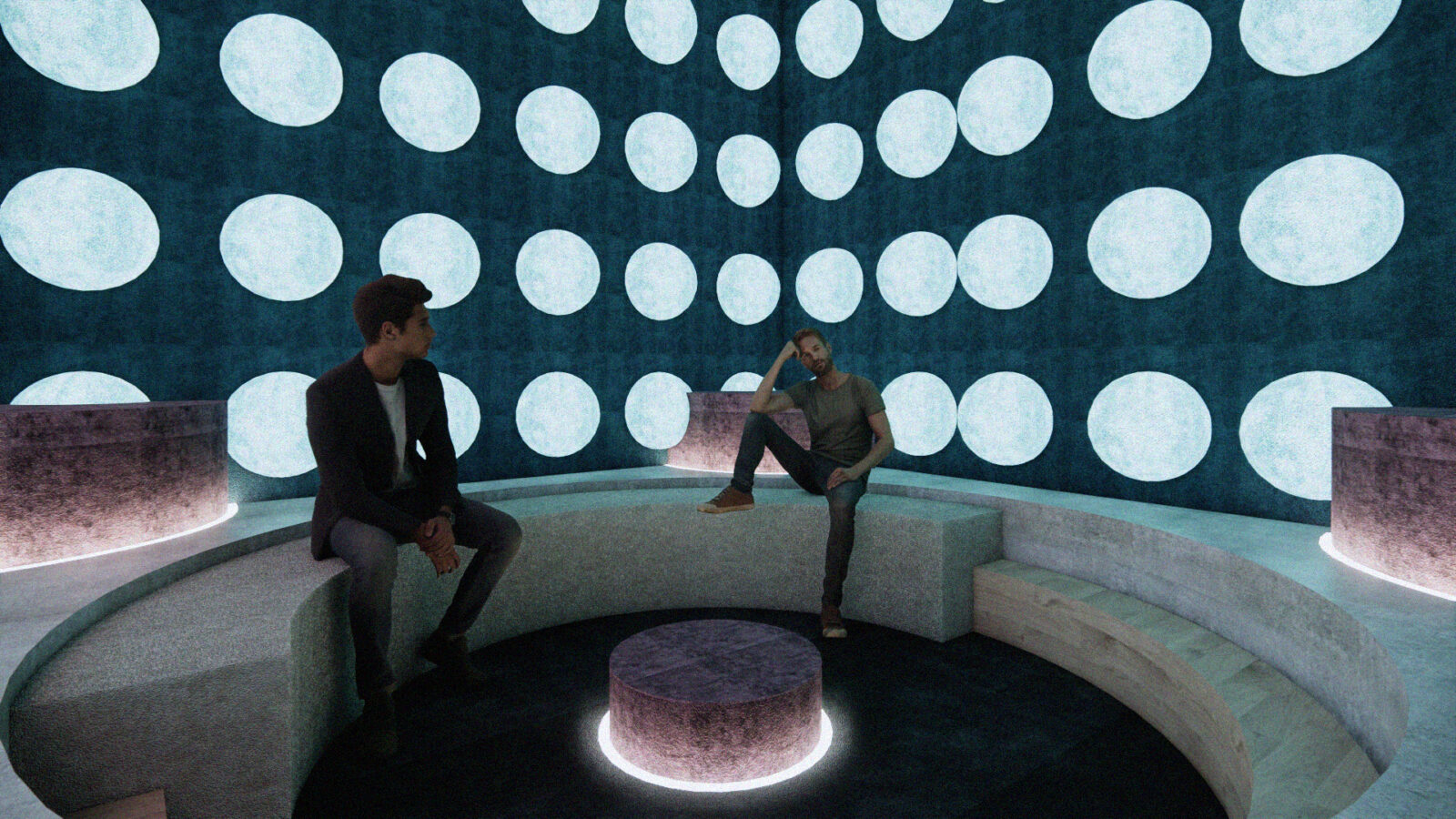Therapy room at The Residence, which features sphere structures on the walls and a soft ambience, allowing users to connect to their inner thoughts