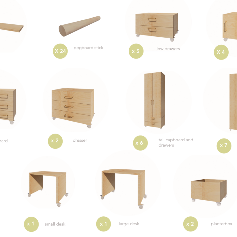 Diagram illustrating the moveable joinery utilised in the apartments. Each apartment level comes equipped with various plywood joinery items such as a dresser, floating shelves, planterbox, desk, and tall cupboard with drawers, which can be placed wherever the user requires (plywood pegboard walls indicate where items can potentialy be placed).