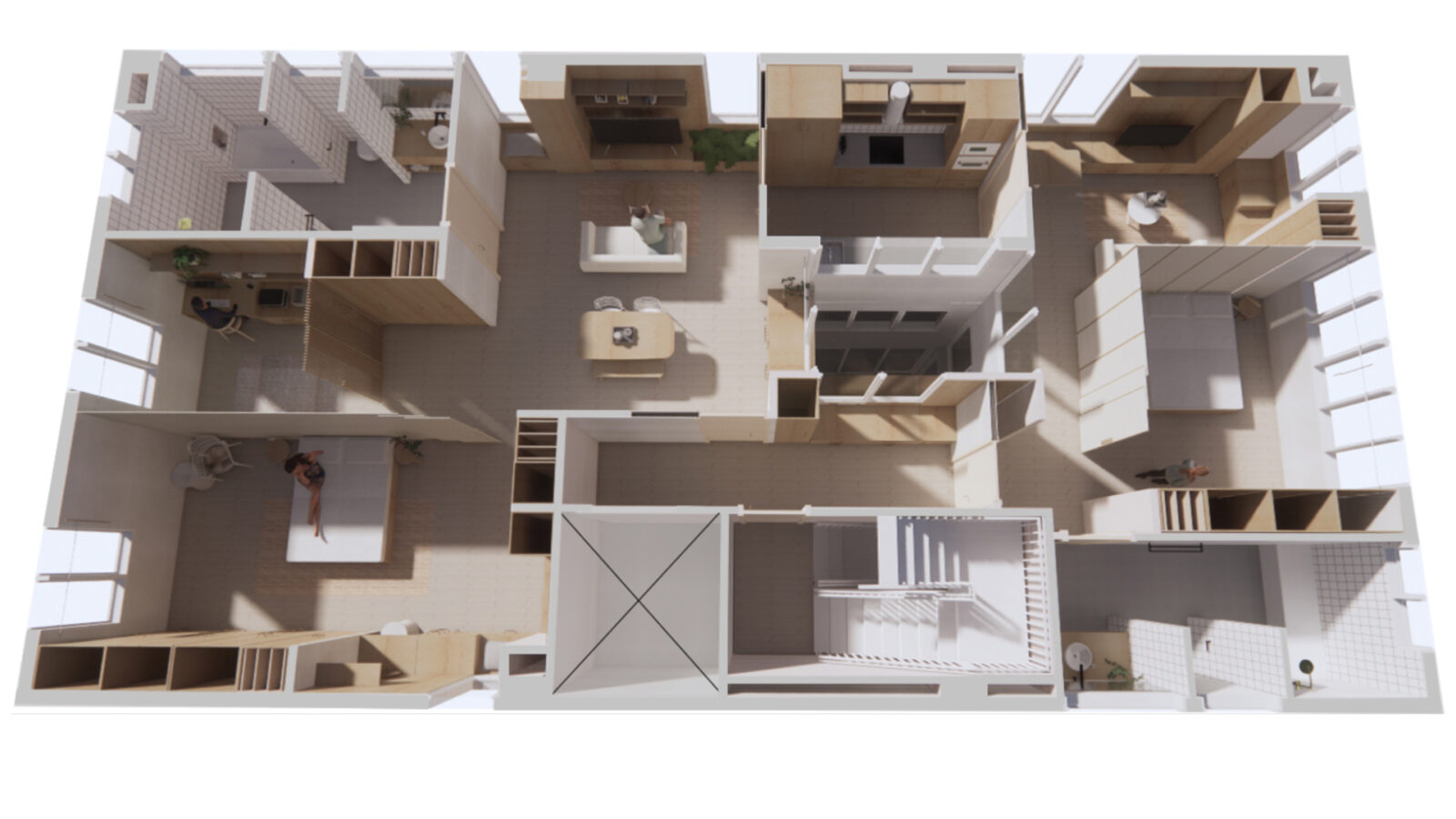 The following image is an example of one of the potential floor plan arrangements as a result of the moveable walls and joinery. The apartments work by utilising one module that can be adapted to suit the different phase’s of a users life. Each apartment floor is designed in order to allow a large family apartment to be converted into two smaller units by providing shared spaces such as a shared kitchen and entrance.