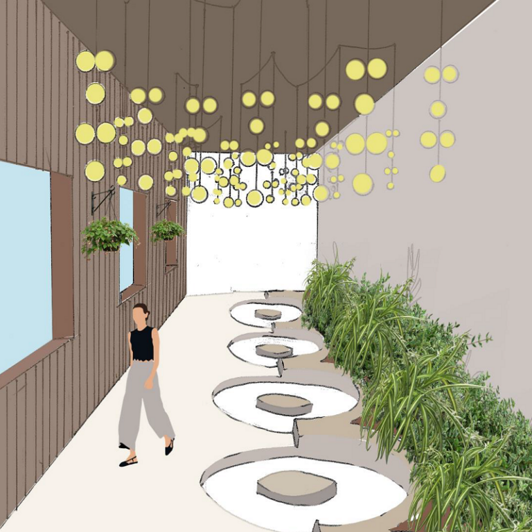 Inside games room – inspired by sitting in a circle playing the classic Australian game of marbles. Lighting inspired by hanging gum-nuts. This space provides opportunities to build relationships with friends and locals. 