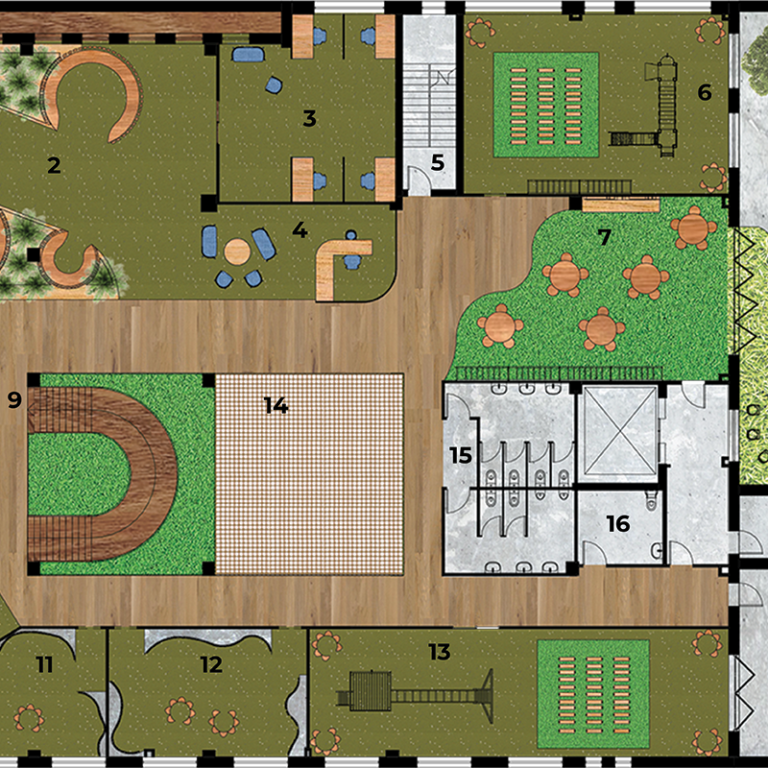 The layout of the first level of the centre is carefully arranged to support the provision of a wide range of adventure-based activities that help to promote mental wellbeing by strengthening the physical health of the children. The first level aims to bring an outdoor experience to an indoor area featuring different activities including climbing, outdoor gardens, and suspended net playground.